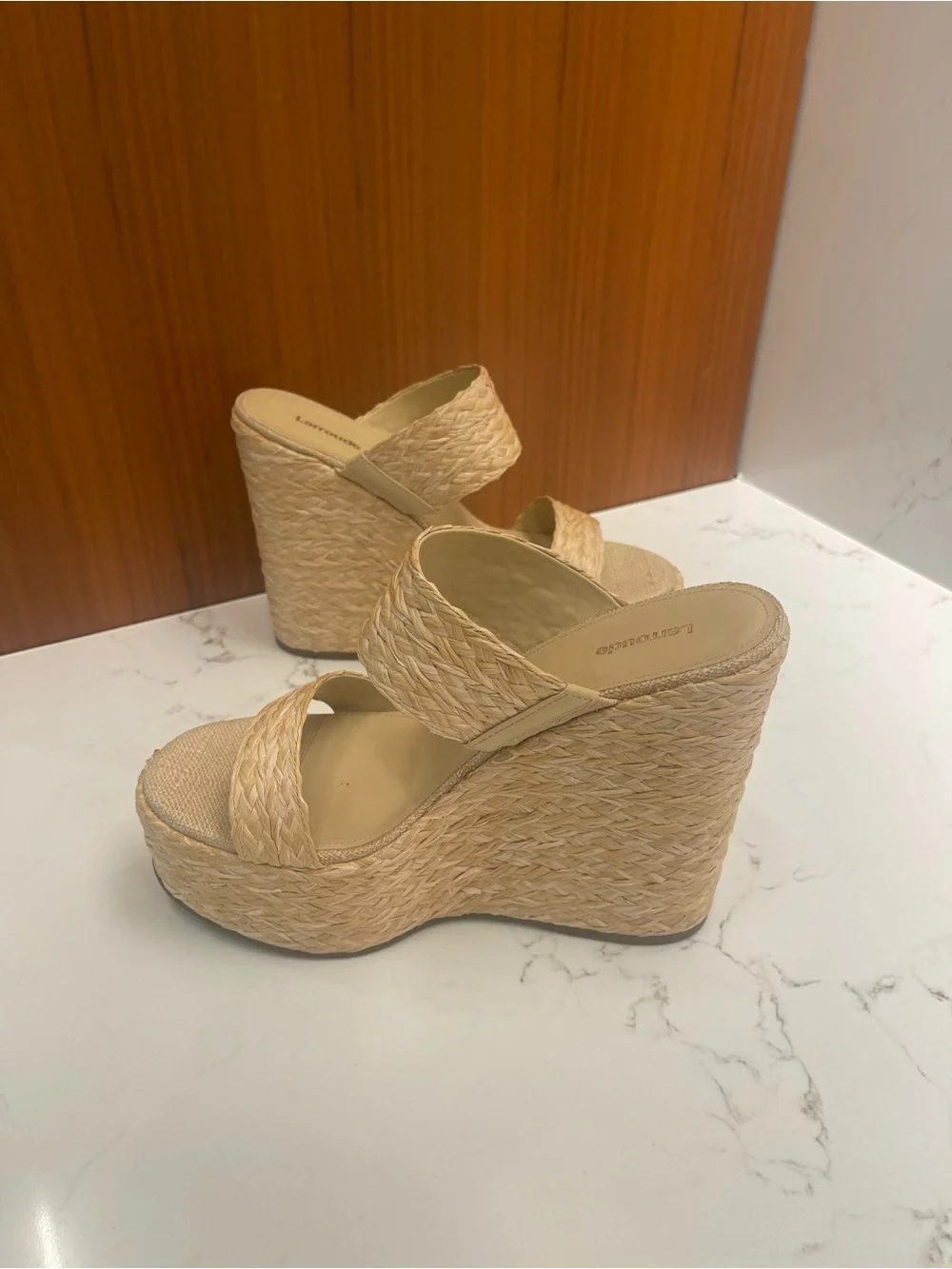 Larroude Raffia Straw Platform Wedges